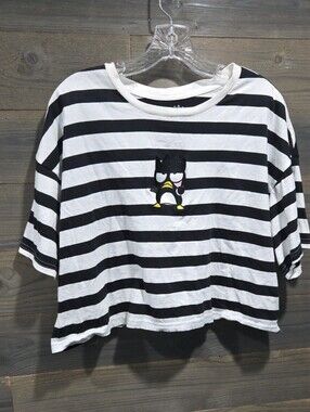 Sanrio Black and White Striped Short Sleeve Tee with Character Patch